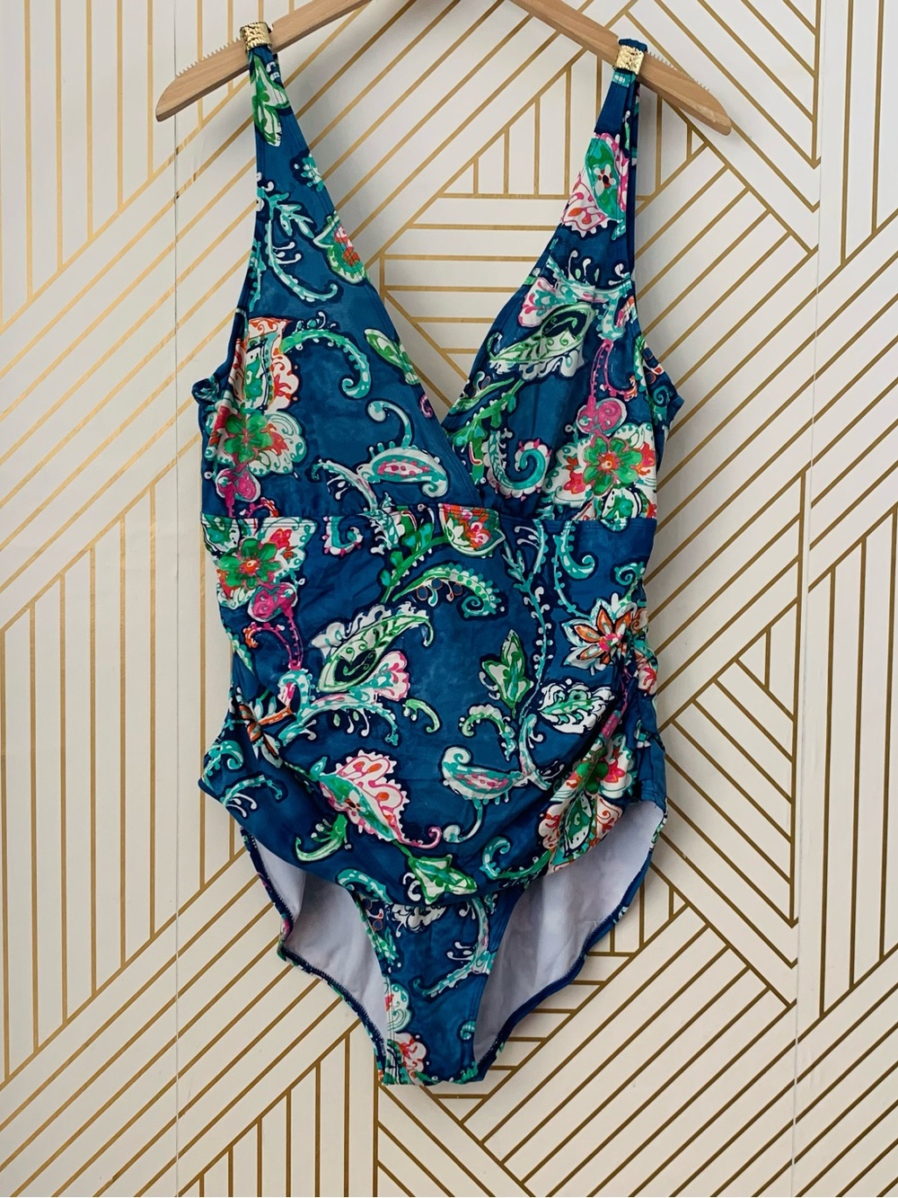 Lauren Ralph Lauren Twist One Piece Swimsuit Cobalt Blue Floral Paisley Size 16